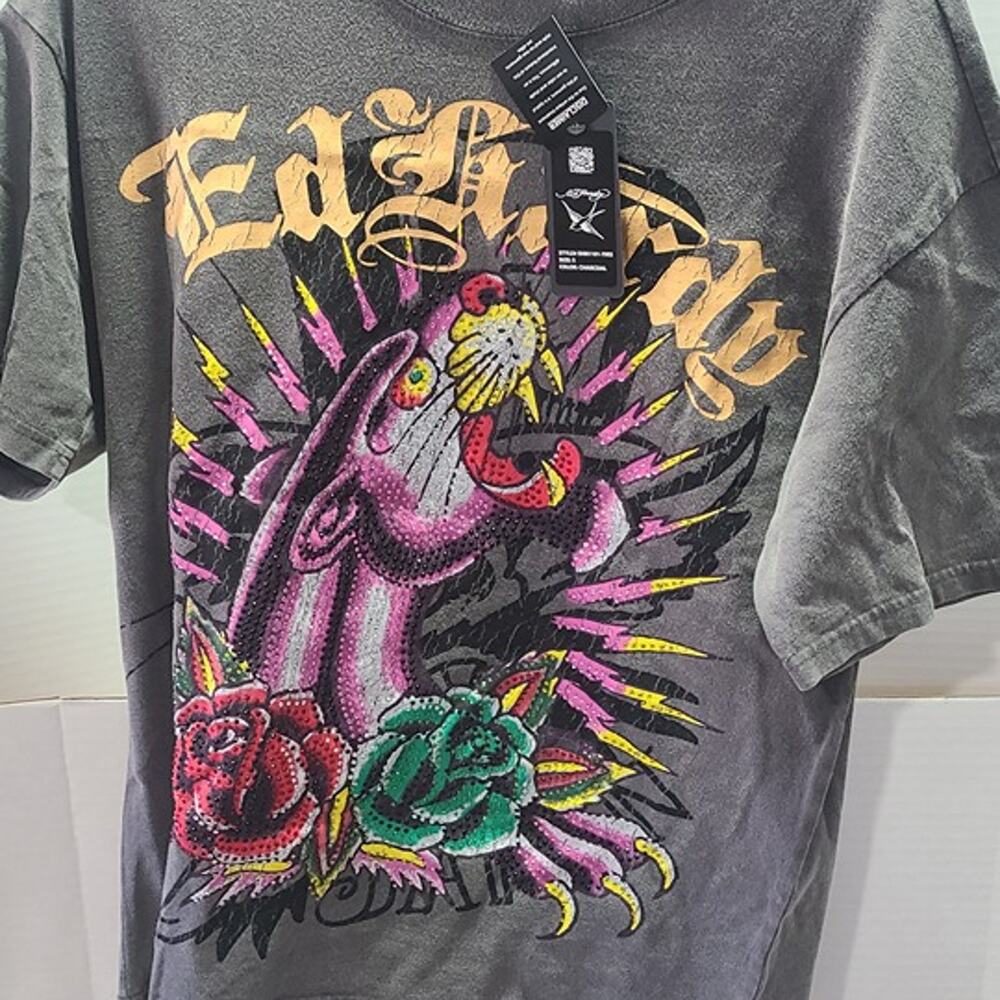 Ed Hardy Panther Rhinestone Graphic T-Shirt Charcoal Gray NWT Unisex Size S